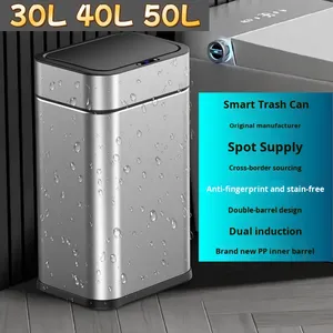 Contenedor de <span class=keywords><strong>Basura</strong></span> Inteligente de Acero Inoxidable de Gran Capacidad (<span class=keywords><strong>30L</strong></span>, 40L, 50L) con Ruedas, Automático, para Uso Comercial - Product Image 2