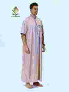 Al Haramain <b>Men</b> <b>Thobe</b> Stand Collar Short Sleeve Cotton Prayer Wear Ankle Length Solid Color Casual Style - Product Image 4