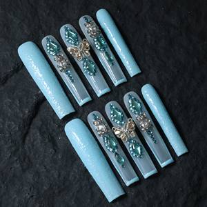 Uñas postizas acrílicas cuadradas de alta gama hechas a mano al por mayor, diseño de mariposa con diamantes de imitación, personalización disponible. - Product Image 2