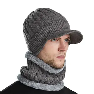 HLC524 ensemble de cou de chapeau en laine chaude pour homme, écharpe de Ski en laine douce et épaisse, couvre-oreilles tricoté