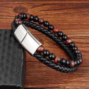 سوار رجالي مرصع بحجر أحمر مرصع بالخرز منتج يحظى برواج سوار من الحجر الطبيعي عتيق سوار من الحجر الجلد الأصلي للرجال OT-048 - Product Image 6