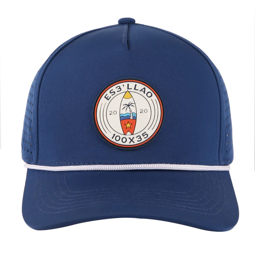 หมวกเบสบอลเจาะรูแบบเลเซอร์มีรูพรุน5แผงยางแพตช์โลโก้ได้ตามต้องการหมวกกีฬากันน้ำหมวกทรักเกอร์