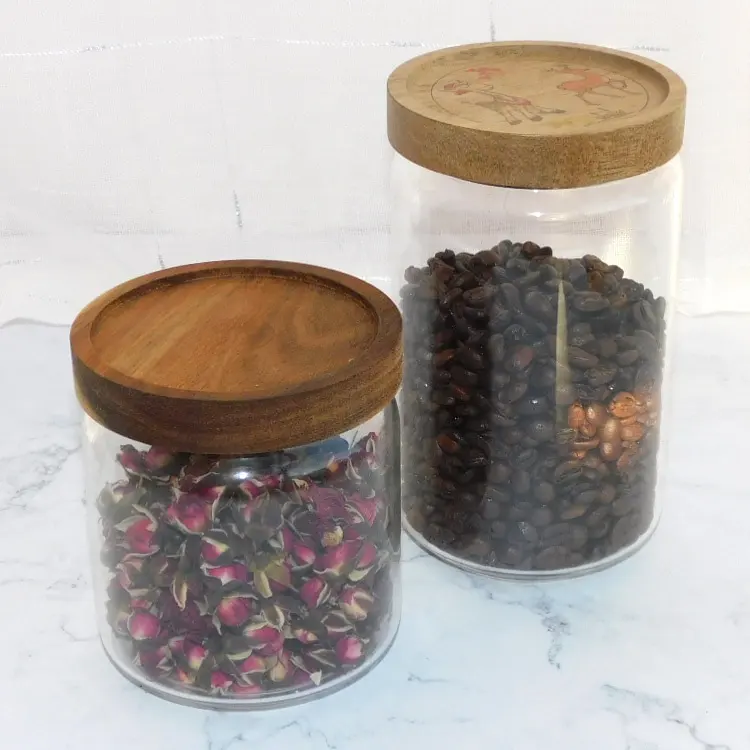 Manufacturers food storage borosilicate glass jars with Acacia wood lid