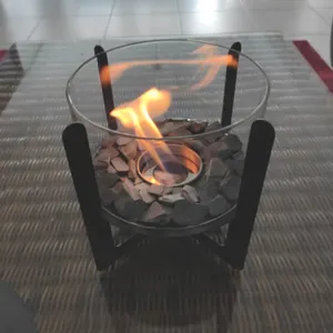 室内桌面火坑便携式火盆圆形桌面生物乙醇燃烧器壁炉带玻璃盖