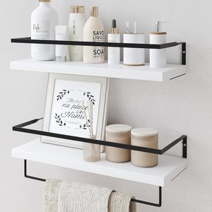 Étagères murales flottantes rustiques en bois à double niveau avec panier de rangement en fil métallique et <span class=keywords><strong>barre</strong></span> porte-serviettes pour salle de bain, <span class=keywords><strong>cuisine</strong></span>, chambre - Product Image 5