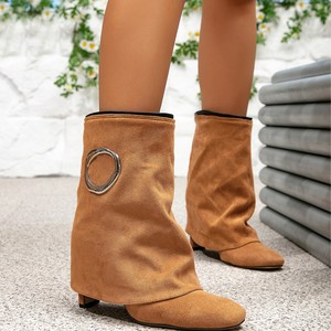 Femmes rétro <span class=keywords><strong>Camel</strong></span> métal anneau Chelsea bottes mode élégante talon épais bout carré conception pour l'hiver transfrontalier sur pour Amazon - Product Image 2