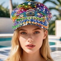 Chapeau de capitaine en peluche avec sequins œil porte-bonheur arc-en-ciel et strass à pointes, pour festivals de musique, Burning Man, soirées, plage et extérieur, vente en gros, MOQ 3
