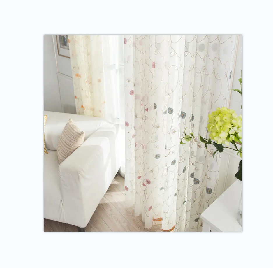 Hot selling cheap embroidery semi sheer curtain window living room Europe blue embroidery semi sheer curtain for window and livi