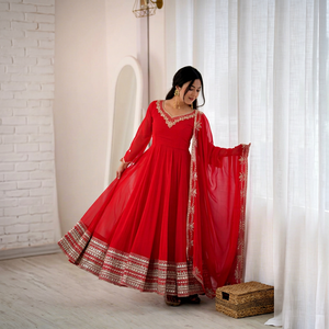 Women's <b>Red</b> Embroidered <b>Lehenga</b> Set With Gold Border Traditional Indian Pakistani Wedding Wear Floor-Length Loose Fit - Product Image 1