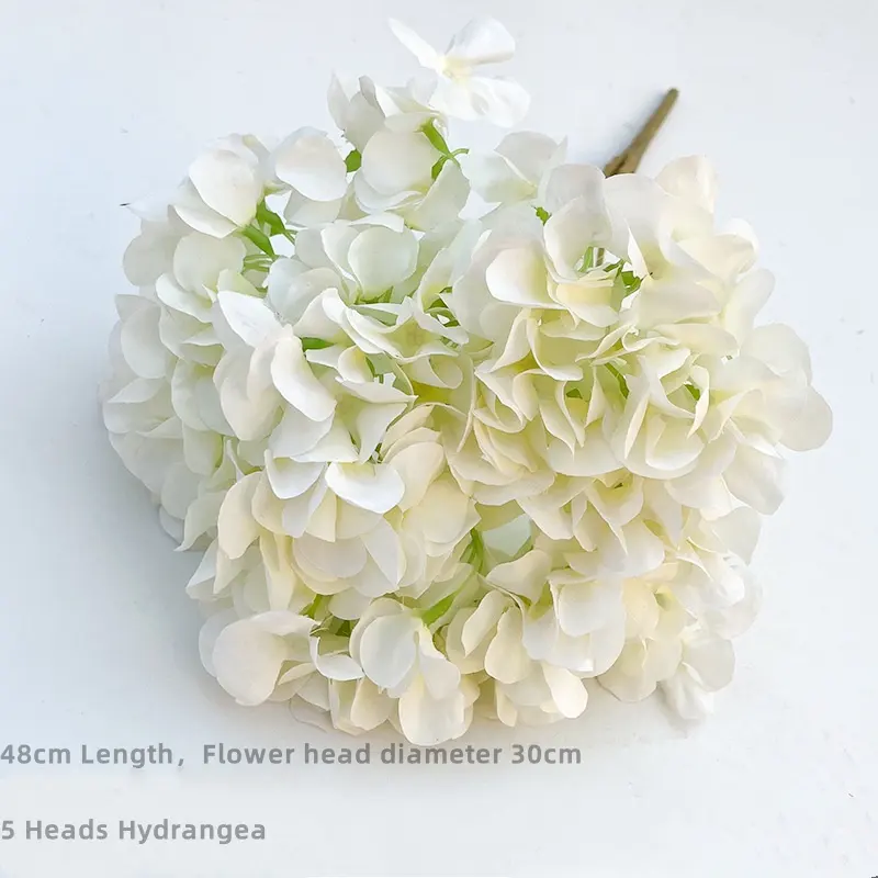 Hortensia blanca Flores artificiales de seda 5 cabezas Ramo de hortensias para decoración Centros de mesa de boda Fiesta DIY Home Deco