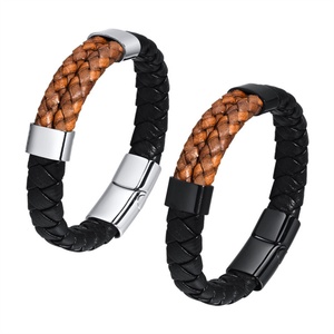 Jewelry Manufacturer Wholesale Stainless Steel Button Black Leather Bracelets - Product Image 1