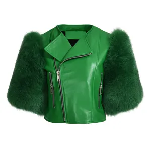 2022 New Design Luxury Spring Autumn Ladies Custom Style Real Fox Fur Sleeves Women 100% Genuine Leather Jacket Motorcycle