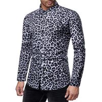 Kemeja Pria Motif Cheetah Modis Lengan Panjang Slim Fit Kancing Depan Atasan Kasual Streetwear Pesta Klub Malam