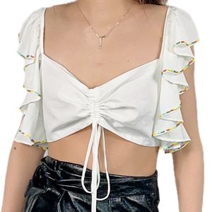 Nouveau Top Court Blanc Épaules Dénudées pour Femme, Sexy, Style Bustier, avec Perles et Imprimé Décontracté sur Coton et Lin pour l'Été - LA-RL1060A - Product Image 5