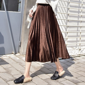 Jupe midi plissée en velours pour femme, taille haute, coupe trapèze, grande taille, couleur unie, longue, mode printemps, élégante pour le quotidien - Product Image 2