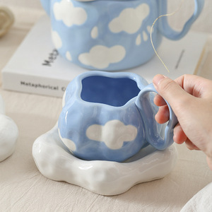Cute cloud design ceramic teapot irregular coffee <b>cup</b> and <b>saucer</b> set hand painted porcelain tea set for women - Product Image 5
