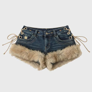 Viviblook Z0128PT Shorts de Mezclilla para Mujer, Estilo Retro Y2K, Cintura Baja, con Parches de Peluche, Tallas Grandes - Product Image 1