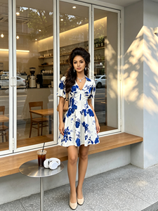 Robe Courte Vintage à Imprimé Floral Rose pour Femme, Col en V, Manches Bouffantes, Taille Haute, Coupe Trapèze, Mini-Robe de Soirée <span class=keywords><strong>D</strong></span>écontractée pour Femme Africaine - Product Image 2