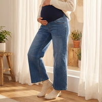 Jean en denim de maternité taille haute, coupe droite ample, décontracté, d'été, très extensible, respirant, délavé clair, avec soutien abdominal et tissage simple