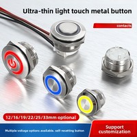Sakelar Tombol Tekan Logam IP67 dengan Cincin LED Logo Daya Kustom Tipe Ultra-Tipis 22mm, Sakelar Momentary 1NO, Terminal 4Pin