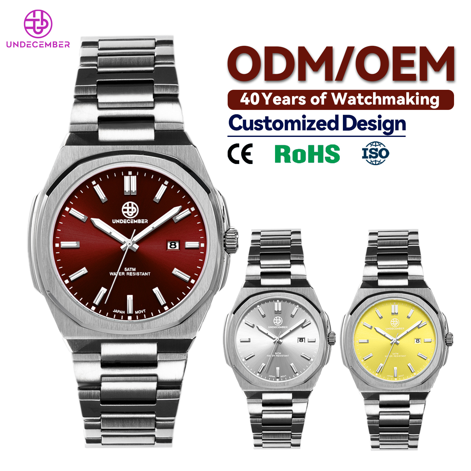 Undecember Factory Wholesale 5ATM Water Resistant 304 Stainless Steel Luxury Men's Quartz Watch With Super Luminous