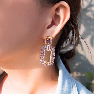 أقراط متدلية مربعة عصرية من الزركونيا المكعبة الأرجواني مطلية بالذهب عيار 18 قيراط للنساء مجوهرات مسابقات الجمال لحفلات الزفاف - Product Image 5