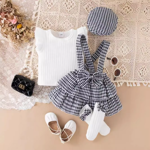 أزياء جديدة للفتيات الصغيرات + تنورة حمالة منقوشة + قبعة طقم طفل حديث الولادة ثلاث قطع - Product Image 5