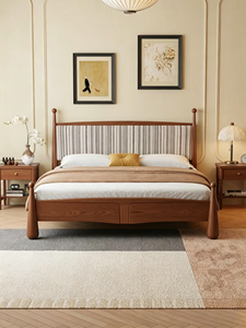 Midcentury Modern Upholstered Wooden <b>Bed</b> <b>Frame</b> <b>Queen</b> <b>Size</b> Fabric Headboard Soft <b>Bed</b> with Striped Design - Product Image 6