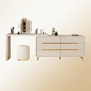 Table de toilette extensible de luxe moderne avec miroir LED, <span class=keywords><strong>commode</strong></span> à <span class=keywords><strong>6</strong></span> <span class=keywords><strong>tiroirs</strong></span> et tabouret pour chambre à coucher - Product Image 2