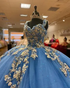 QD1539 Light Blue Ball Gown Quinceanera Dresses Lace Sweet 16 Dress Prom Gowns With Gold Applique vestido de 15 anos