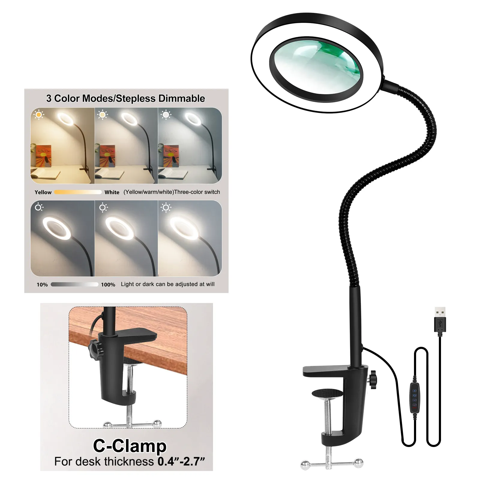 USB 5X Magnifying Reading Lamp High Definition Glass Eye Protection Clamp Clip Light Table Lamp with 5X Magnifier 72 LED Lights