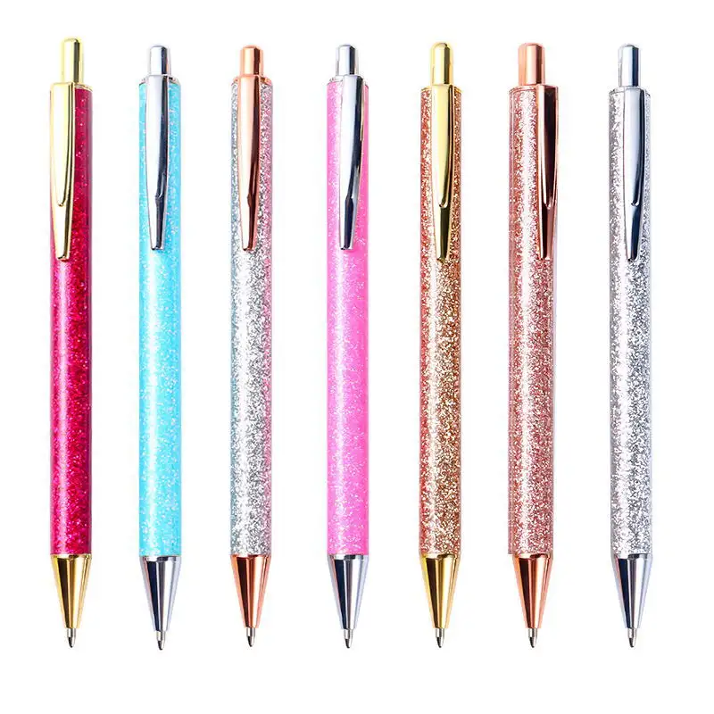 Ballpoint Pens Metal Retractable fansy pink Pen Black Ink Glitter Rose Gold Click custom cute Pens with logo for School boligraf
