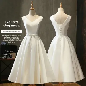 <span class=keywords><strong>Robe</strong></span> <span class=keywords><strong>de</strong></span> mariée blanche en satin à col en V sexy, coupe trapèze, longueur genou, élégante, vintage, pour l'été, bal <span class=keywords><strong>de</strong></span> promo, mariage, demoiselle d'honneur, invitée, longues robes <span class=keywords><strong>de</strong></span> soirée - Product Image 1
