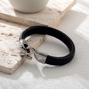 Joyería de cuero trenzado de moda, brazalete de cuero genuino de serpiente pitón de acero inoxidable plateado, pulsera de hombre - Product Image 4