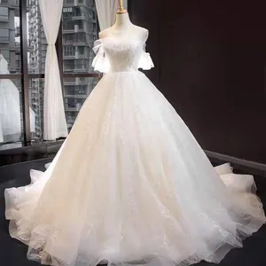 Jancember RSM66847 우아한 웨딩 드레스 짧은 소매 레이스 간단한 긴 기차 웨딩 드레스