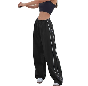 <span class=keywords><strong>Pantaloni</strong></span> Larghi da Donna Neri con Elastico in Vita e Strisce Laterali Bianche, Stile Casual per Streetwear - Product Image 1