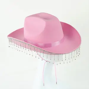 Chapéu de cowboy ocidental com borla de strass, chapéu de noiva de luxo com franjas de diamante para festas, moda de alta qualidade