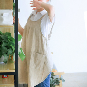 Tablier vintage japonais et coréen en <span class=keywords><strong>coton</strong></span> et lin à bretelles croisées, respirant pour l'été, sans nœud, 2 poches, pour fleuriste, cuisine, café, maison - Product Image 3