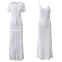 Robe longue décontractée pour femmes, élégante, bleu clair, à manches courtes, tricotée avec des perles, ourlet plissé, pour un usage quotidien, robes décontractées