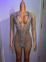 Mini robe de soirée à glands avec chaînes en strass scintillantes Perspective latine Pole Dance Performance Wear Stripper Outfit Women Club Dress