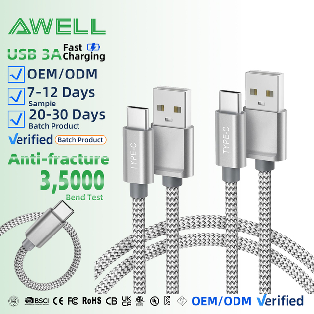 Wholesale OEM Durable Nylon Braided USB Type C Cable With 3A Fast Charging for Samsung Xiaomi Huawei and Android Mobile Phon