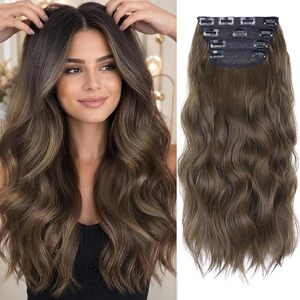 Extensions de cheveux à clipser, 20 pouces, extensions de cheveux synthétiques douces à clipser, extensions de cheveux ondulés bruns pour femmes et filles - Product Image 1
