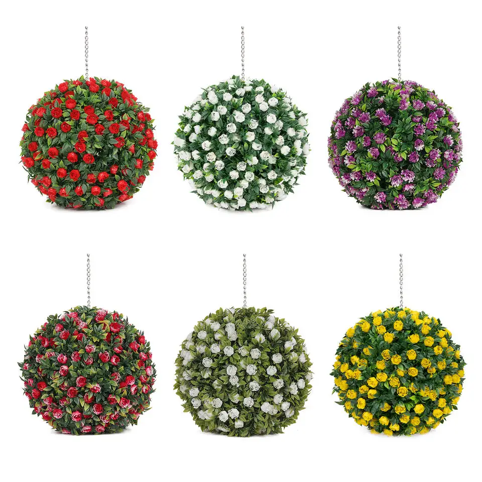 Q14 Home Garden Decorative Supplies Plastic Hanging Wall Artificial Red Rose Flower Topiary Ball Plant