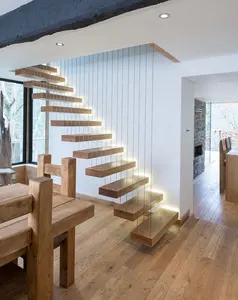 现代住宅玻璃楼梯设计发光二极管玻璃钢木浮动楼梯