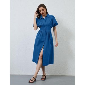 Vestido Largo Casual para Mujer, con Botones al Frente, Plisado, Manga Corta, Cuello, Color Azul Oscuro, Transpirable, para Uso Diario - Product Image 3