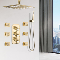 Kit de robinetterie thermostatique à 3 voies en laiton massif doré brossé, avec finition contemporaine, jet de pluie et 3 poignées