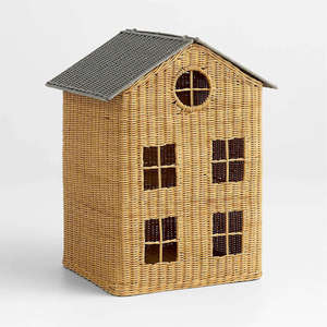 Coffre à jouets en osier écologique – Bac de rangement en forme de maison avec toit gris – Panier de jeu portable pour enfants - Product Image 5