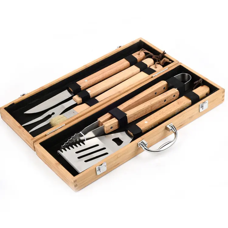 BBQ Grill Utensil Tools Set Reinforced BBQ Tongs 5-Piece Stainless Steel Barbecue Grilling Accessories with wood Storage Case