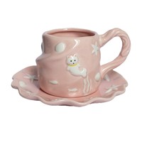 Ensemble tasse et soucoupe en céramique, style Ins, motif dessin animé, relief sculpté et peint à la main, thème océan, poisson-chat américain, pour la maison