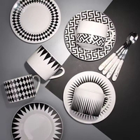 Ensemble tasse à café, soucoupe et cuillère en céramique, motif géométrique créatif, style nordique japonais moderne, noir et blanc, durable, pour la famille et les restaurants